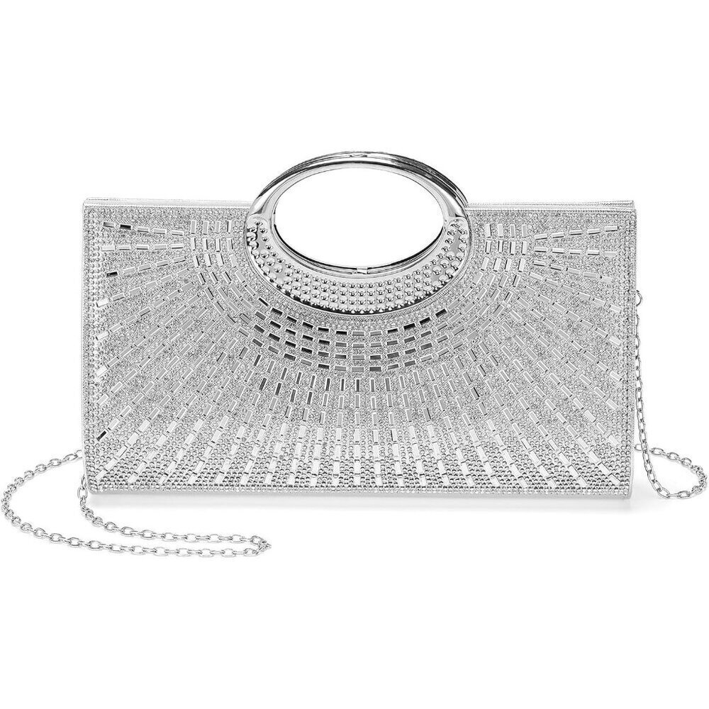 🆕Women Silver Rhinestone Clutch Evening Bag Shoulder Purse with Chain Polyester